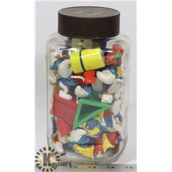 JAR OF ASSORTED VINTAGE SMURF FIGURINES.
