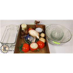 FLAT OF COLLECTIBLES, PYREX DISHES, AND DECORATIVE