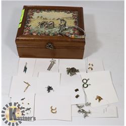 VINTAGE WOOD JEWELRY BOX WITH EMBROIDERED TOP