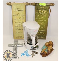 FLAT OF HOUSEHOLD MISC INCLUDING COFFEE MAKER,