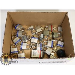 BOX OF ASSORTED PADLOCKS WITH KEYS.