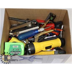 BOX OF ASSORTED TOOLS INCL VISE GRIPS, TAPES, HEX