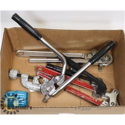 BOX OF ASSORTED TUBE BENDERS AND PIPE CUTTER.