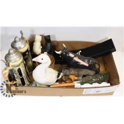 LOT OF VINTAGE BAR ACCESSORIES, BEER STEINS,