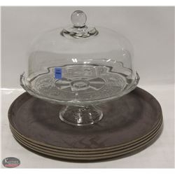 GLASS CAKE DISPLAY STAND & 4 SERVING TRAYS