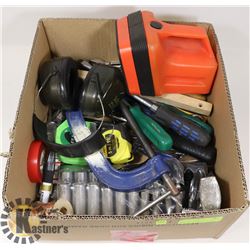 BOX OF ASSORTED TOOLS INCL SOCKETS, C-CLAMP,