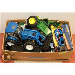 ASSORTED CHILDRENS TOY TRACTORS AND TRUCKS.