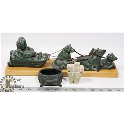 SOAPSTONE STYLE ESKIMO AND SLED DOGS 14" LONG.