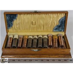 ANTIQUE WOODEN BOX FULL OF 1950S TO 1970S