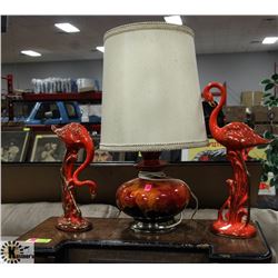 MADE IN THE USA VINTAGE LAMP AND FLAMINGO ORNAMENTS