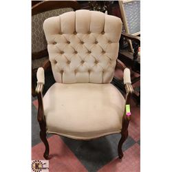 VINTAGE WOOD AND FABRIC ARMCHAIR