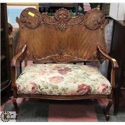 VINTAGE WOOD CARVED UPHOLSTERED BENCH