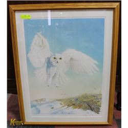 FRAMED ART "SNOWY OWL" BY GLEN LOATES 1986