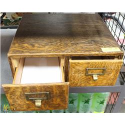 VINTAGE 2 DRAWER TIGER OAK FILE BOX, 15.5"X14"X6".