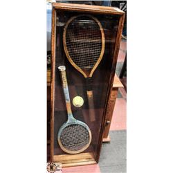 SHADOW BOX OF VINTAGE STYLE TENNIS RACKETS