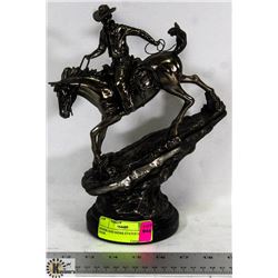 HORSE AND RIDER STATUE ON BASE.