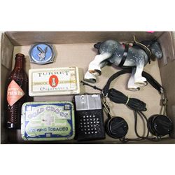 FLAT OF COLLECTIBLE CIGARETTE TINS, HEADSET,