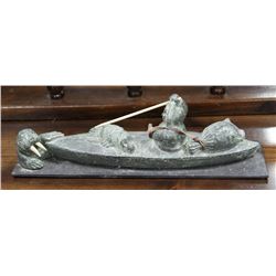 ESKIMO HUNTER IN KAYAK WITH SEAL SOAPSTONE CARVING