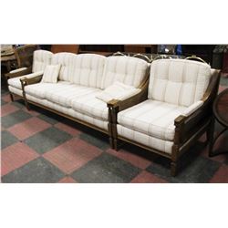 WOOD AND WICKER FABRIC SOFA W/2 CHAIRS