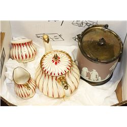 BOX WITH TEA POT, CREAMER, SUGAR AND ICE BUCKET