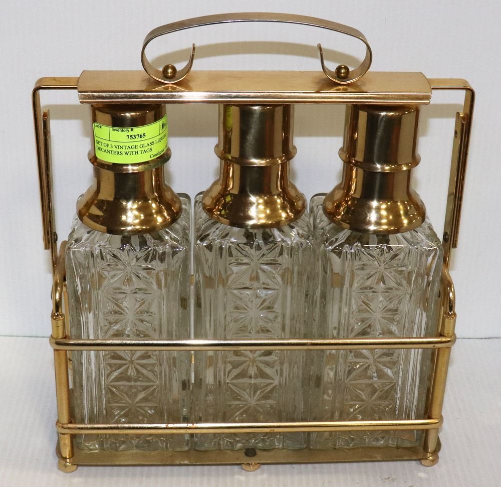 SET OF 3 VINTAGE GLASS LIQUOR DECANTERS WITH TAGS