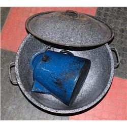 ENAMEL BOILER-LARGE AND BLUE KETTLE WITH LID