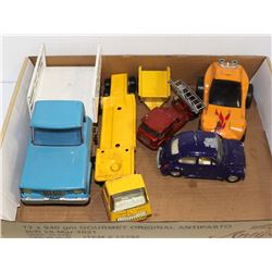 BOX WITH 2 TONKA TRUCKS, VW CAR, RACE CAR