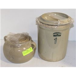 2 TAN  VINTAGE CROCKS WITH LIDS