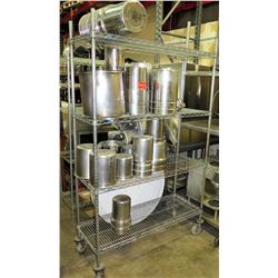 Rolling Shelving Unit (w/ bad wheel) & Contents - Stainless Steel Pots & Containers