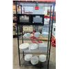 Image 1 : Black Metal Wire Shelving Unit & Contents - Misc Size Square & Round Plates, etc 35"W x 18"D x 73"H