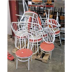Qty 17 Waymar Round Bistro Chairs w/ White Metal Framer & Upholstered Seat