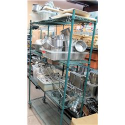 Green Metal Wire Shelving Unit & Contents: Pots, Ice Cream Topping Dispenser, etc