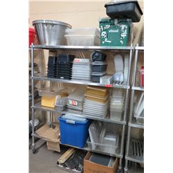 Contents of Shelf: Multiple Plastic Food Storage Containers w/ Lids, Steel Pans, etc