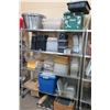 Image 1 : Contents of Shelf: Multiple Plastic Food Storage Containers w/ Lids, Steel Pans, etc