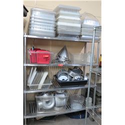 Contents of Shelving Unit:Multiple Plastic Food Storage Containers, Steel Pans, etc