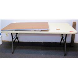 Portable Folding White Plastic Table w/ Metal Legs & Small Metal Table