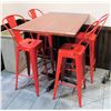 Image 1 : Bar-Height Pedestal Table (48" x 30" x 42"H) w/ 4 Red Metal Chairs