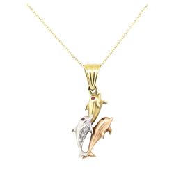 0.14 ctw Diamond and Ruby Dolphin Pendant with Chain - 14KT Yellow, White, and R