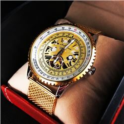 Menâ€™s LA Banus German Made Skeleton Dial Watch With Shark Mesh Gold Stainless Steel Strap.