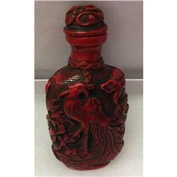 Asian Red Peacock Carved Snuff Bottle