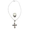 Image 1 : Sterling Silver Gothic Amethyst Ring & Cross Pendant Necklace Box Chain length 16" matching set