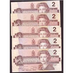 5x 1986 Bank of Canada $2.00 Bank notes