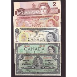 1937 1967 1973 & 1986 Bank of Canada Note lot $1 & $2 bills