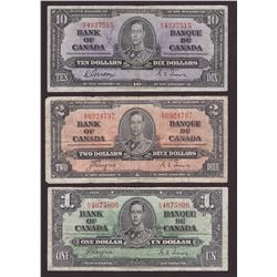 1937 Bank of Canada $1 $2 $10 Bank note Set Paper Money