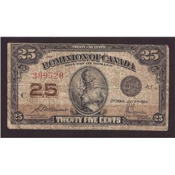 1923 Dominion of Canada Twenty Five Cent Shinplaster Banknote