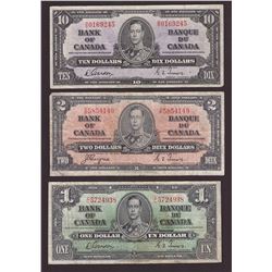 1937 Bank of Canada $1 $2 $10 Bank note Set Paper Money