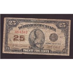 1923 Dominion of Canada Twenty Five Cent Shinplaster Banknote