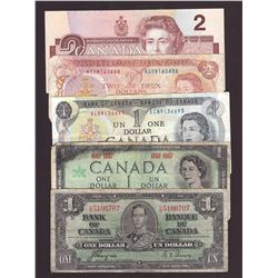 1937 1967 1973 1974 & 1986 Bank of Canada Notes lot $1 & $2 bills