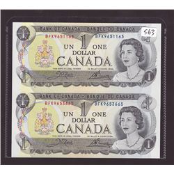 Uncut Sheet 2x 1973 Bank of Canada $1.00 Bank notes