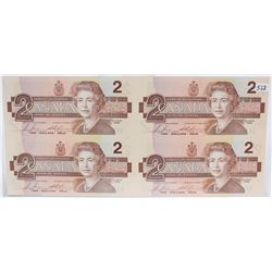 Uncut Sheet 4x 1986 Bank of Canada $2.00 Bank notes